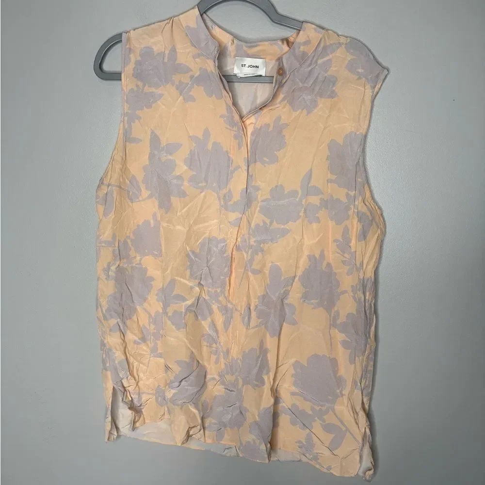 St. John yellow and gray floral print silk sleeveless blouse